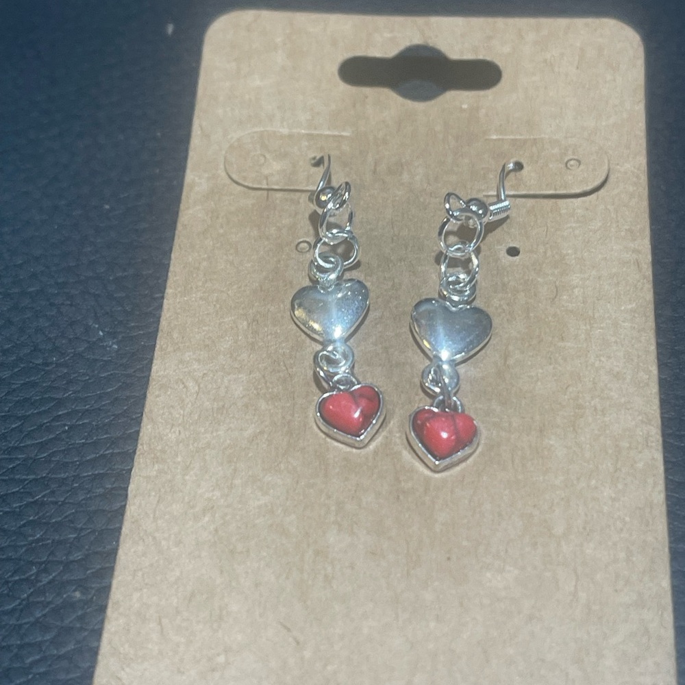 Silver and Red Heart Dangle Earrings